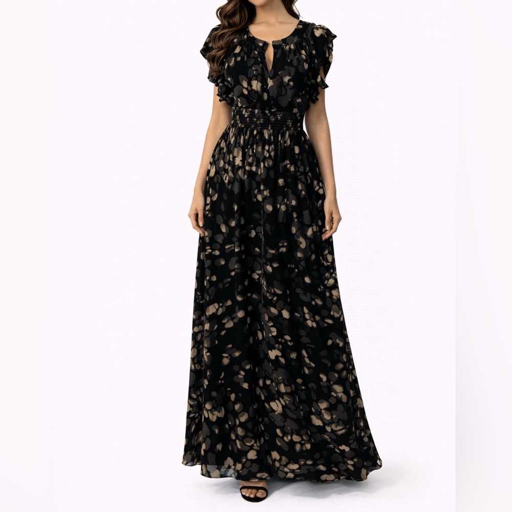 Caara Maxi Dress M Medium Short Flutter Sleeves Velvet Burnout Black Cream